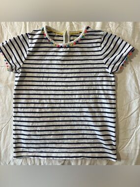 Boden Girls' Navy & White Striped Short Sleeve Top with Multicolor Pom Trim
